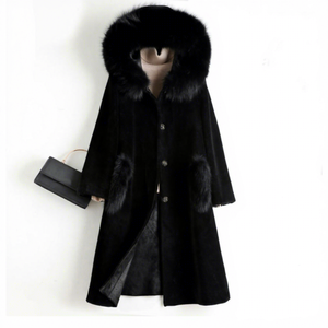 Elegant Long Winter <b>Coat</b> With <b>Fur</b> <b>Hood</b> And Pockets Thick Wool Blend Outerwear For <b>Women</b> Warm Button Closure Solid <b>Black</b> - Product Image 4