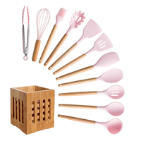 Réutilisable Adaptative De Silicium Cuisson Skimmer Acier Inoxydable Bois Outils Rose Camping 12 Pcs Silicone Cuisine Ustensile Ensemble