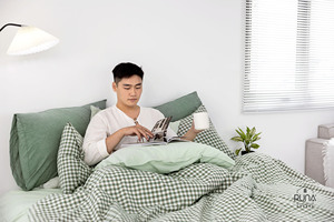 Soft breathable Cotton Bedding Set 3 Pieces Pillow case <b>Bed</b> <b>Sheet</b> Pre-Washed Technology Green Gingham pattern Style Bedding Bulk - Product Image 3