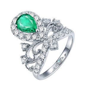 Anillo de Esmeralda Verde Intenso Natural con Corte de Pera, Corona con Lazo, Diamantes Pavé Completos, Oro Blanco, Estilo Princesa, Anillo de Gema Impresionante - Product Image 2