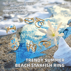 Anillo Abierto de Acero Inoxidable Chapado en Oro de 18K con Esmalte Azul, Diseño de Estrella de Mar, Cola de Ballena y Espina de Pescado, Resistente al Agua, Regalo de Verano XH - Product Image 5