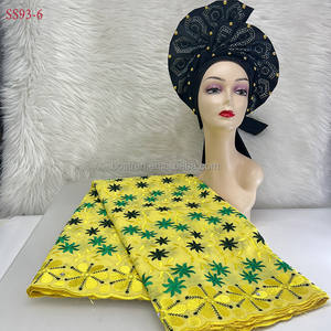 SS93 encaje suizo con bufanda tela nigeriana ASO Oke con turbante de cuentas auto gele headtie mujeres capó headwrap tela de encaje africano - Product Image 3