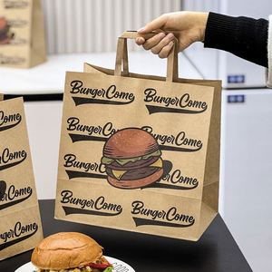 Custom Eco-Friendly Food Brown Kraft Paper Bags with Handle Custom Logo Printed for Fast Food <b>Snack</b> Takeout and Delivery Service - Product Image 2