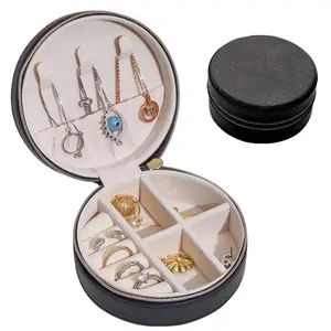 Kotak penyimpan perhiasan ritsleting kulit PU Logo kustom wadah penyusun bulat portabel kecil bepergian kalung anting kotak perhiasan