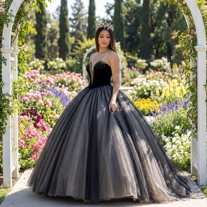 Spjy015 Elegante Vestido de Quinceañera Negro con Corsé Dorado con Cuentas, Vestido de Tul Gris Ahumado para Baile de Graduación, Jancember - Product Image 1