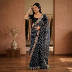 Party Wear Faux Georgette Sequence Work <b>Ankle</b>-Length Wrinkle-Free Reversible Designer Saree with Heavy Work Wedding Blouse - Product Image 1