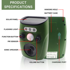 Repelente Ultrassônico para Animais de Estimação ao Ar Livre com Luz LED Piscante, à Prova d'Água, Solar, Controle de Pragas para Gatos, Roedores e Esquilos, Operado por Bateria - Product Image 2