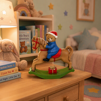 Figurines d'ours de Noël montés sur cheval à bascule, lot de 2, en résine peinte à la main, avec boîte cadeau, décoration de table pour la maison et la chambre d'enfants