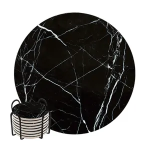 大理石黑色现代吸收性圆形陶瓷杯垫个性化杯垫带软木