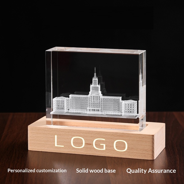 KingKo Hot Sale Customized Laser 3D Internal Carving Light Crystal Paperweight 3d Laser Engraved Crystal Cube With Wood Base