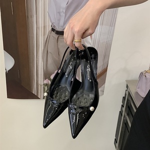 Escarpins élégants à bout pointu et bride arrière pour femme, talon chaton, avec détails perles, gris, chaussures de bureau - Product Image 4