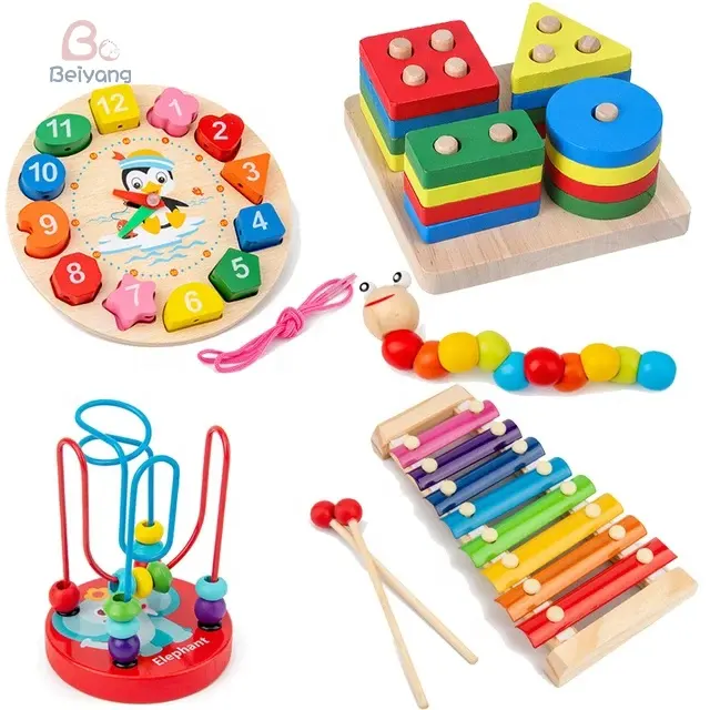 Montessori hölzernes Babyspielzeug-Set | Entwicklungsspiele und Rätsel für Jungen und Mädchen | Lern-Lerspielzeuge (5-6 Stück)
