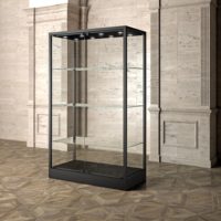 Vitrine de musée en fer 120x60x200cm, cadre noir avec 3 étagères en verre et éclairage LED, robuste et durable pour l'affichage