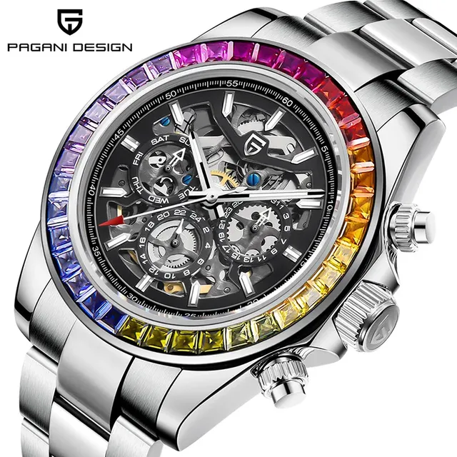 New PAGANI DESIGN Watches 1777 Men Fashion Rainbow Bezel Automatic Mechanical Watches Luxury Sapphire Glass Hollow Swim Luminous