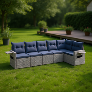 Juego de sofás de jardín de ratán sintético gris de 6 piezas con cojines, muebles de exterior, diseño contemporáneo - Product Image 2