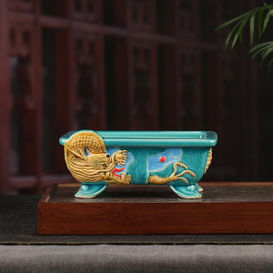 <span class=keywords><strong>Pot</strong></span> à Bonsaï Carré en Porcelaine Violette, Style Antique, avec Relief Dragon, Peint à la Main et Décor Embossé - Product Image 1