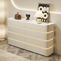Commode minimaliste moderne à 8 tiroirs avec éclairage d'ambiance LED, commode de luxe blanc crème, bords arrondis, commode de chambre à coucher
