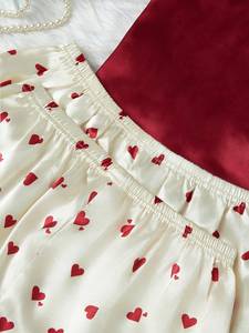 Wholesale Romantic Heart Print Women's Three-Piece Pajama Set <strong>Red</strong> Satin Smooth Loungewear for Summer Spring and Fall - Product Image 3