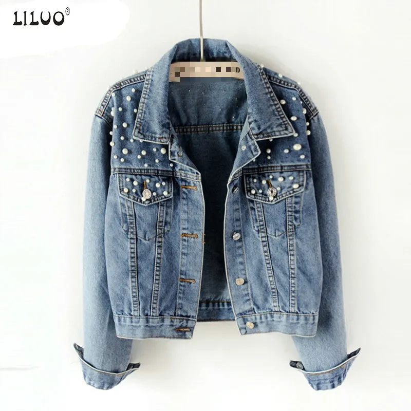 LILUO Fast Delivery New Summer Fashion Women's Denim Jacket Full Sleeve Loose Button Pearls Short Lapel Wild Leisure