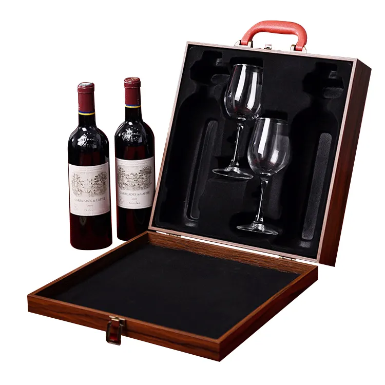 Coffret de vin rouge en cuir, boîte de rangement cadeau en bois avec 2 gobelets en verre, emballage de vin, boîte cadeau pour Double bouteille de vin