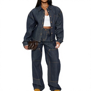Trendy Elegant Two Piece Cropped Button <b>Fly</b> <b>Jacket</b> Pants Set Casual Unisex Denim Tracksuit Breathable Eco-Friendly Autumn - Product Image 1