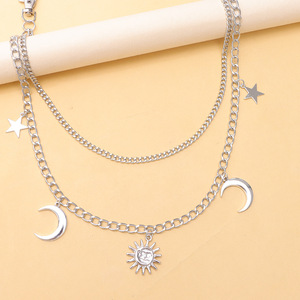 Chaîne de taille Yueli en métal avec pendentifs lune, soleil et étoile, style Hip Hop Punk, pour jeans, unisexe, en alliage de zinc, usage quotidien, double anneau, blanc K - Product Image 4