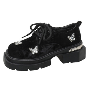 British Style Thick Rhinestone Toe Thick Heel for Women Spring Preppy Medium Heel Flats Small Leather Shoes - Product Image 6