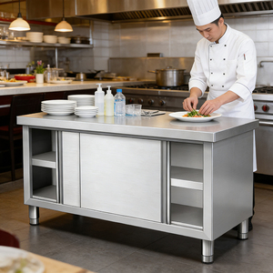 Mesa de Trabajo Comercial de Acero Inoxidable con Puerta Corredera, Tamaño Personalizado, Gabinete de Almacenamiento de Tres Niveles para Cocina de Restaurante y Servicios de <span class=keywords><strong>Catering</strong></span> - Product Image 5