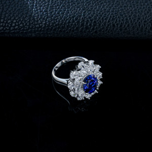 <b>925</b> Sterling <b>Silver</b> Lab Created Sapphire Oval Cut Floral Halo <b>Ring</b> - Product Image 2