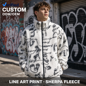 Giacche con Zip in Pile Sherpa Bianco Personalizzate, <span class=keywords><strong>Oversize</strong></span>, Calde, con Ricamo Graffiti Line Art per Uomo, Moda Casual Streetwear - Product Image 1