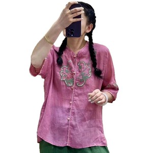 Traditional Chinese Embroidered Cotton Linen Short Sleeve Shirt Women Rose Pink Green Beige Summer Tea Dress Top - Product Image 5