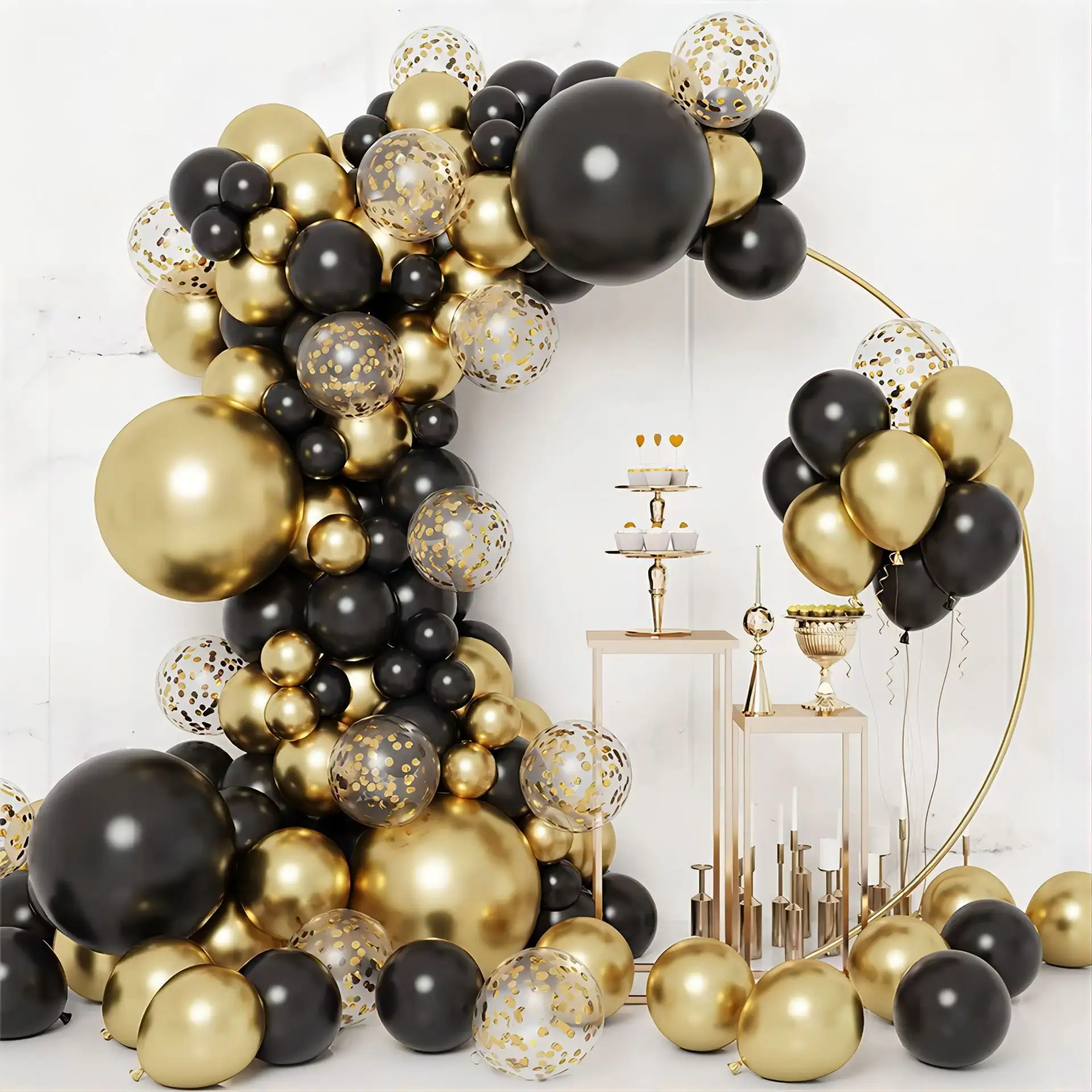 133 قطعة بالونات مقوسة ذهبية وسوداء اللون مجموعة بالونات ذهبية وسوداء اللون لحفلات الزفاف وحفلات أعياد الميلاد والخلفية للاحتفال بالتخرج