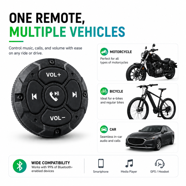 Wireless Bluetooth Motorcycle Handlebar Remote, Waterproof One Touch Music and Call Controller for Motorcycle, Bicycle and Car