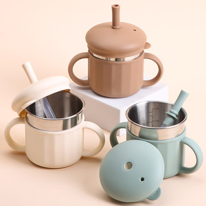 Vaso de entrenamiento para bebés de acero inoxidable con doble asa y boca ancha, con pajita, para niños de 6 meses en adelante. - Product Image 1