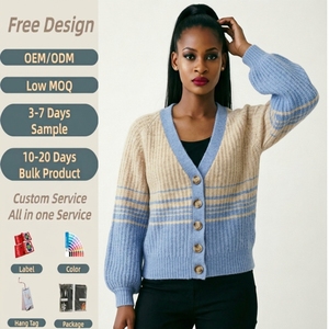 Cardigan da donna in maglia a blocchi di colore a righe con scollo a V, maniche raglan, bottoni, morbido e casual, ideale per l'inverno - Product Image 4