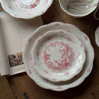Assiette en porcelaine à motif paysager rose de style français, assiette à dîner et à dessert en céramique à glaçure en relief pour la décoration de table de mariage