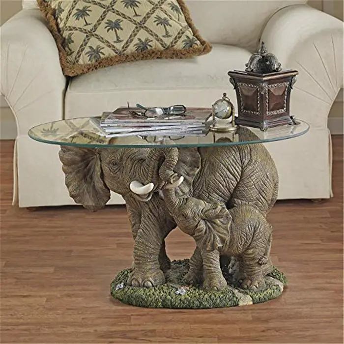 Polyresin/ Resin Elephants Majesty African Decor Coffee Table with Glass Top, 30 Inch, Polyresin, Full Color