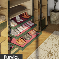 Armoire intégrée Purvia avec portes en verre encadrées, tringle à vêtements ouverte, étagères de présentation et rangement à plusieurs niveaux pour chaussures, pour chambre à coucher