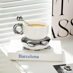 Hsc20230607 1 Juego de taza y platillo de café, 230 ml, plateado electroplacado, diseño creativo, vajilla moderna - Product Image 2