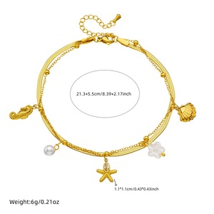 Tobillera Minimalista de Dos Capas con Diseño de Vida Marina, Cadena de Serpiente Chapada en Oro, Colgante de Caballito de Mar, Estrella de Mar, Concha, Perla y Flor Blanca, Tobillera Delicada - Product Image 6