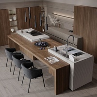 Meuble de cuisine Shaker minimaliste en stratifié de placage de bois et mélamine, îlot en pierre de quartz floculée cannelée incurvée, personnalisé