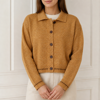 Cardigan mélangé personnalisé pour femme, jaune ocre, col pointu, boutonnage frontal, manches longues, vente en gros d'usine OEM ODM, hiver