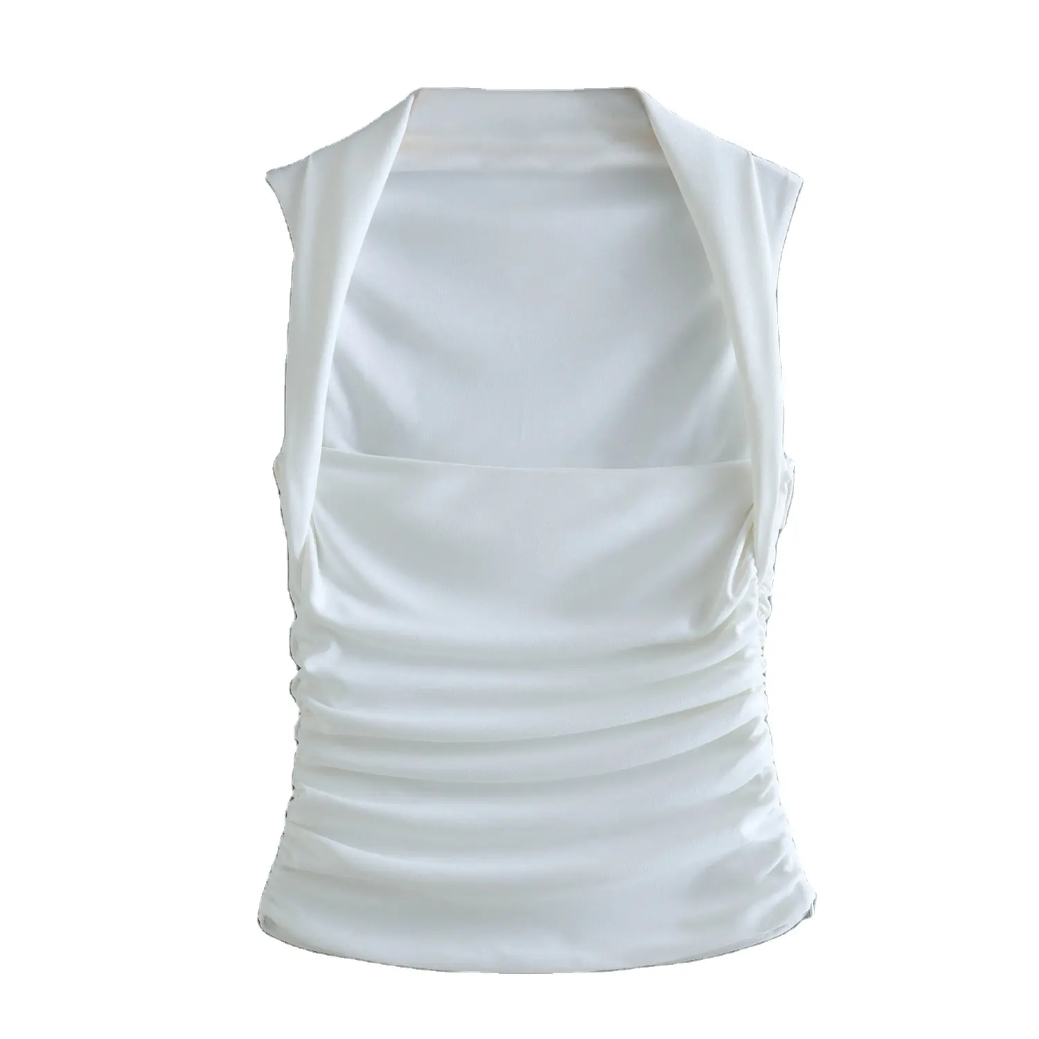 Square collar sleeveless white color pleated casual fashion women tops and blouses