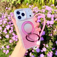 Funda para Teléfono con Diamantes y Degradado de Color para iPhone 17 Pro Max, 16, 15, 14, Magnética, Inalámbrica, con Soporte Giratorio de 360°