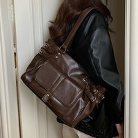 Sac fourre-tout polyvalent grande capacité en PU couleur café, style rétro, avec fermeture éclair, pour l'automne/hiver, style coréen preppy, à porter à l'épaule