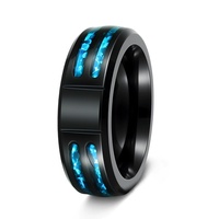 Bague en acier inoxydable noir avec incrustation de coquille d'ormeau et pierre de saphir bleu de 8 mm, alliance pour homme et femme