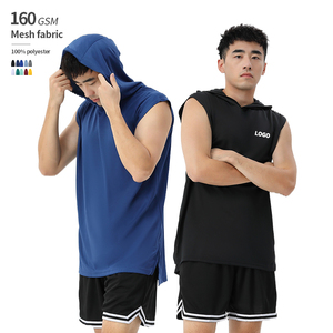 Gilet à capuche de basketball sans manches en tissu mesh 100% polyester 160 GSM, séchage rapide, coupe oversize, ourlet fendu, pour l'été - Product Image 1