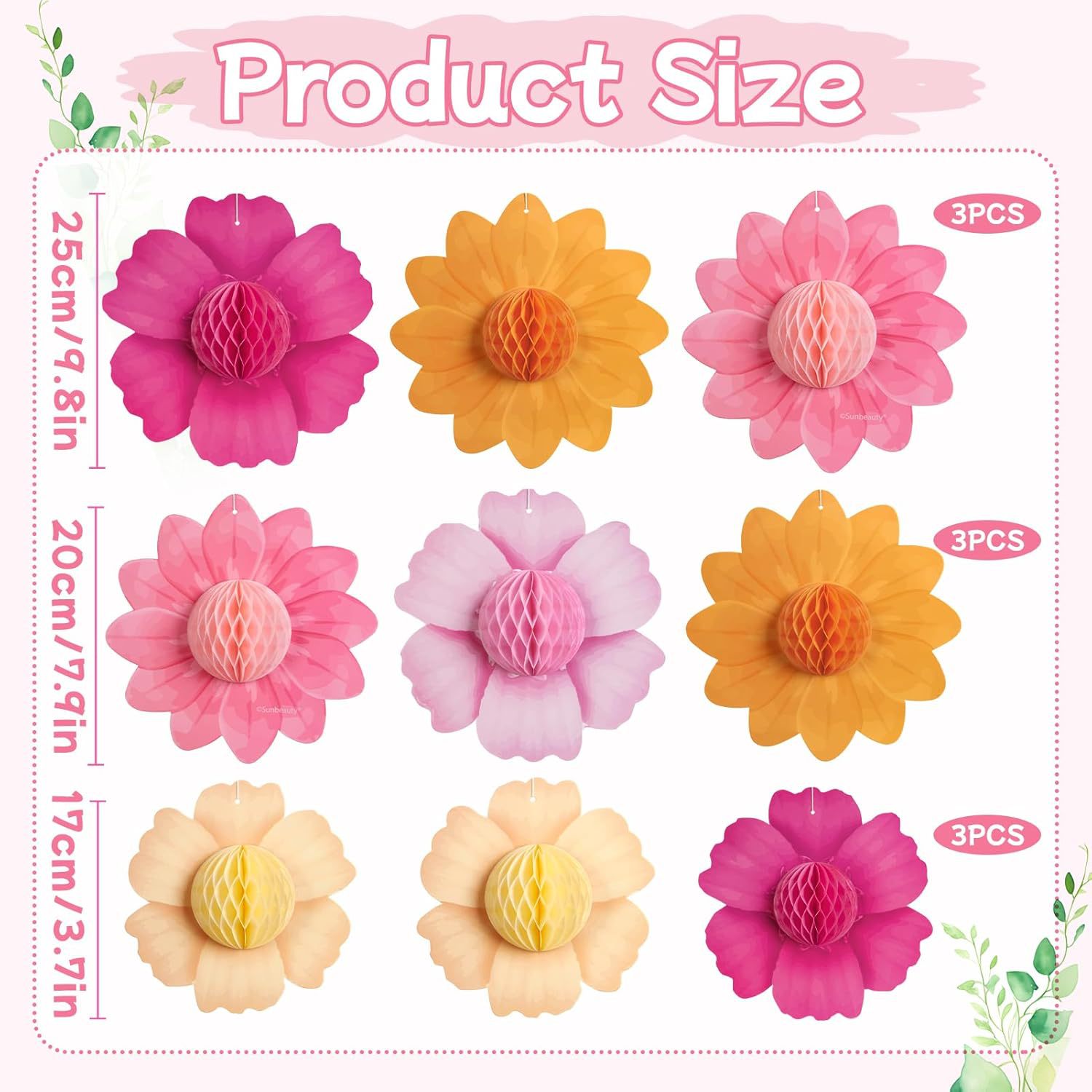 9pcs Pink Floral Honeycomb Decorations