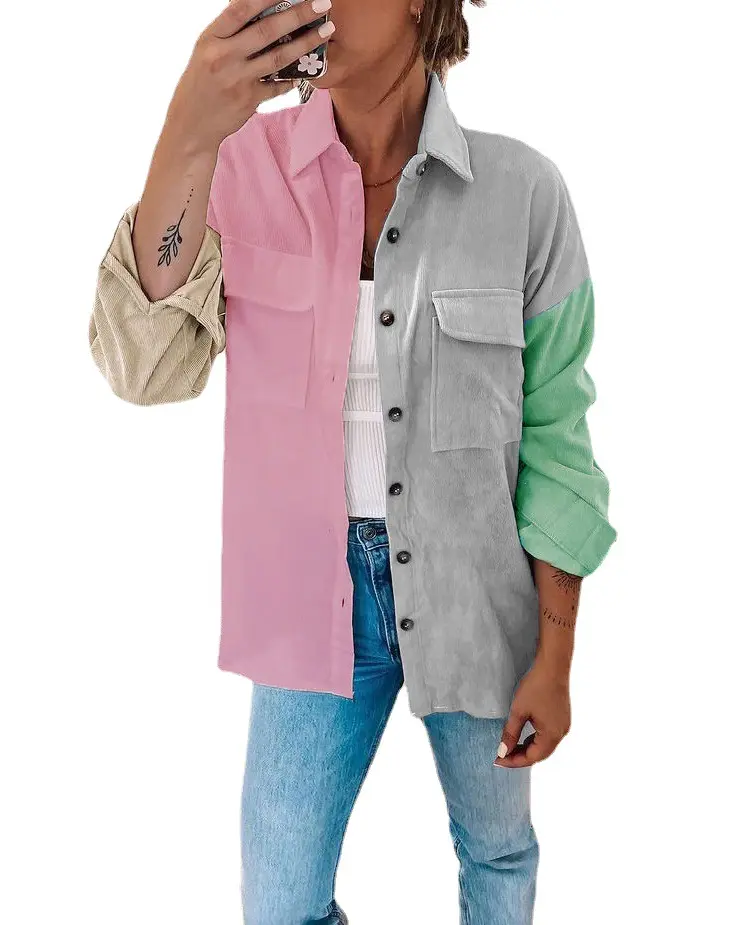 Color Block Stitching Loose Long Sleeves Single Breasted Women's Blouses & Shirts