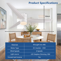 Ventilateur de plafond moderne à profil bas de 52 pouces, LED blanc, 3 pales, moteur silencieux réversible, télécommande, lumière, pour salon, utilisation en intérieur